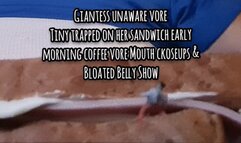 4K VORE Giantess unaware vore Tiny trapped on her sandwich early morning coffee vore Mouth ckoseups & Bloated Belly Show