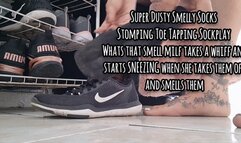 Sneezy Sockplay Super Dusty Smelly Socks Stomping Toe Tapping Sockplay Whats that smell milf takes a whiff and starts SNEEZING when she takes them off and smells them