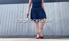 Slow motion public jumping rope, skirt, flats tease, Hungarian milf feet, pink long toenails