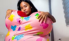 Sexy Camylle Stuffs Her Pink Jumper With Big Balloon Boobs And Tummy Riding A Clear Balloon