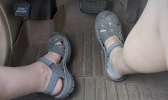 Fifi pedal pumping in Keen rose sandals in public parking lot