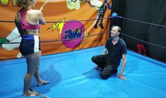 Female wrestler ties up a guy in a ring - part 2