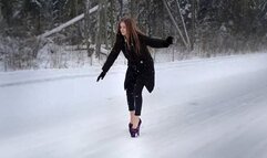 Sexy Nina in 10 Inches Platform Zanotti shoes on very slippery road, slippy high heels, high heels on ice