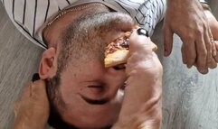 Foot slave humiliated in his eating diner moments face feet foot slappling and kicking his chin and face and he spit the food no way to eat his pizza in calm my thickness rude feet will ruin his meal times!