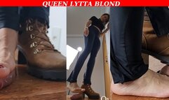 Queen Lytta Blond - CBT EP 7 - Sexy Shoejob Footjob and step on his cock until he bust on her feet - 2 angles - CBT - COCK TRAMPLING - FOOT DOMINATION - FOOT HUMILIATION - BALLBUSTING - COCK SQUEEZE - FOOT FETISH - SOLES - COCK STOMP - FEMDOM -