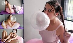 Braided Pigtails girl makes bubbles on big balloon - Bunny Looner
