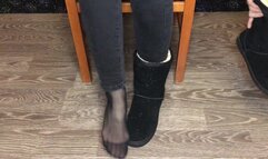 Student girl show nylon socks, boots and foot after study