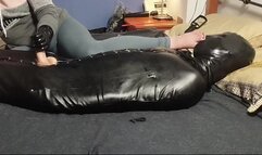HUGE CUM IN SACK AFTER FOOT SMOTHERING AND LATEX HANDJOB IN CHASTITY LOCKED IN RUBBER HOOD BREATH