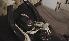 Miss Maskerade Latex couple with fucking machine in full rubber and bondage