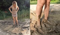 Blonde walks through the ankle deep mud barefoot