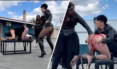 Leather-clad Mistress Alexandra and Mistress Julieta cane her disobedient slave