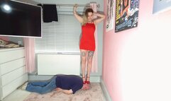 Model Girl Standing On His Head In A Red Dress & Heels